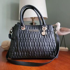 Guess Brinkley Triple Compartment Satchel in Black Faux Leather